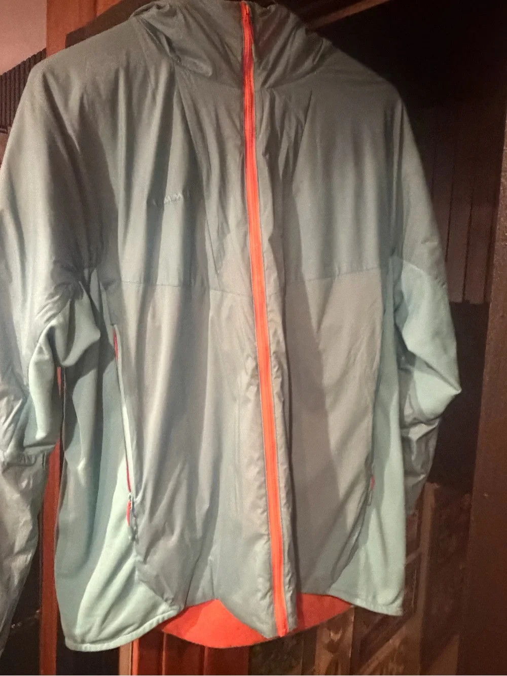 Lightweight Men's Hooded Windbreaker Jacket - Seafoam with Orange Trim